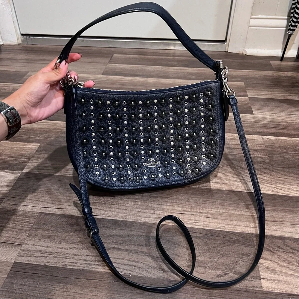 Coach Chelsea Navy With Floral Rivets Studded Women's Crossbody Bag - Picture 2 of 15